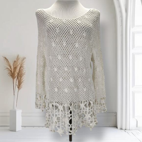 Kut from the Kloth White Loose Knit Sweater Size L Cotton Crochet Starfish Hem - Picture 1 of 11